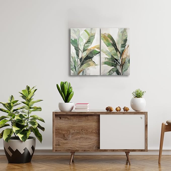 Botanical Wall Art Set Hand Painted, for Living Room plant wall art,Green Tropical Plant Leaf Wall Decor, Modern Banana Leaf Wall Painting, for Bedroom, Dining Room, Office - 12x20 Inch 2pack