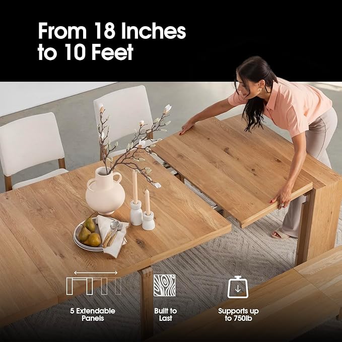 Transformer Table - Solid Wood Extendable Dining Table with 2 Benches, Seats 2-12, Expandable Table, Space-Saving Furniture, Expandable Furniture, Scandinavian Oak, Natural Finish (Table + 2 Benches)