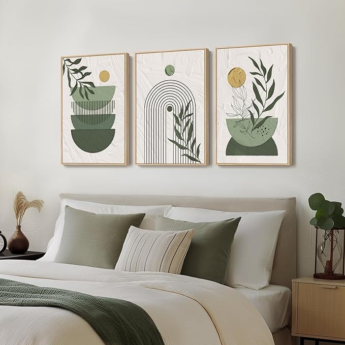 Large Framed Sage Green Boho Wall Art