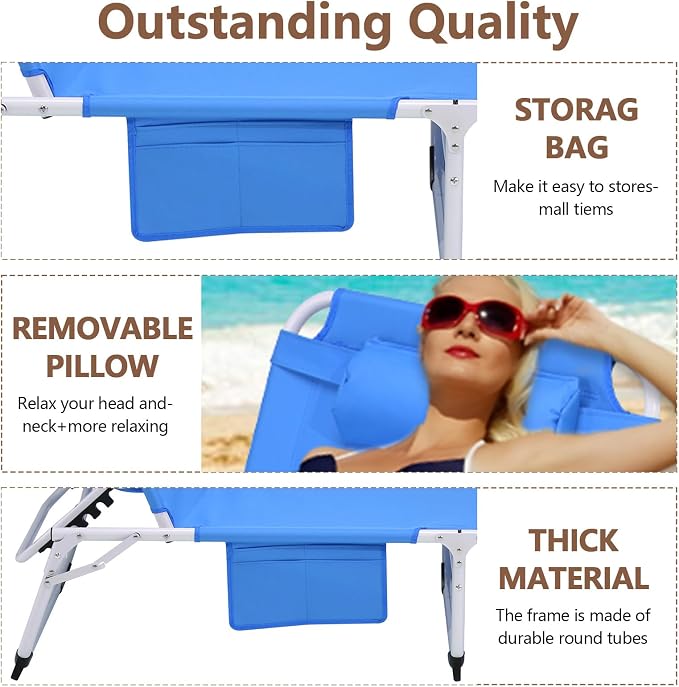 3-in-1 Heavy Duty Tanning Chair with Face Hole Adjustable 5-Position Folding Chaise Lounge Chairs Portable Lay Flat Beach Lounge Chair for Outdoor Sunbathing Patio Pool Lawn Camping Deck (Blue)