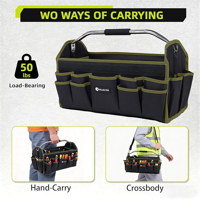 20in Foldable Open Top Tool Bags For Men Heavy Duty, Tool Carrier hard With Handle, Wide Mouth Electrician Tool Tote, Many Pockets Can Hold Many Tool, Green