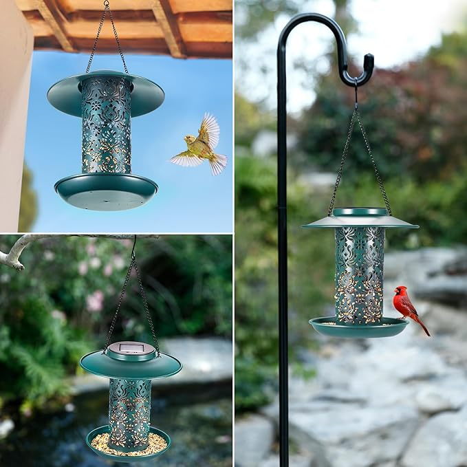 SWEETFULL Solar Bird Feeders for Outside Metal Outdoor Hanging,Wild feeders as Gift Ideas Lovers Garden Yard Patio Cardinals (Chew-Proof,Heavy Duty Weather Resistance 2LBs)