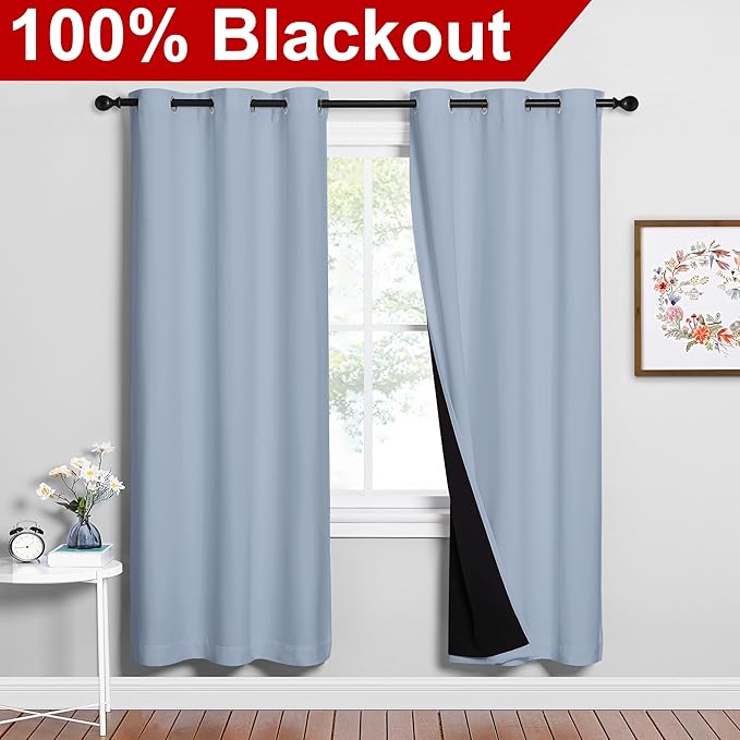 NICETOWN 100% Blackout Window Curtain Panels, Vintage Blue, 2 Pieces, 42-inch