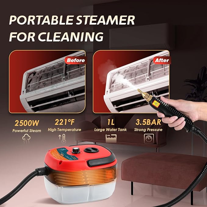 2500W Handheld Steam Cleaner, Pressurized Steam Cleaning Machine with 3 Brush Heads, 20s Heat Up, 1L Tank, Multipurpose Mini Portable Steamer for Tile, Grout, Furniture, Kitchen, Car, Home