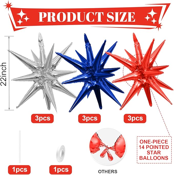 Red Blue Silver Star Balloons,9Pcs 22Inch Blue Red Silver Explosion Spike Cone Helium Star Foil Balloons for 4th of July Independence Birthday Anniversary Usa Patriotic Party Decorations
