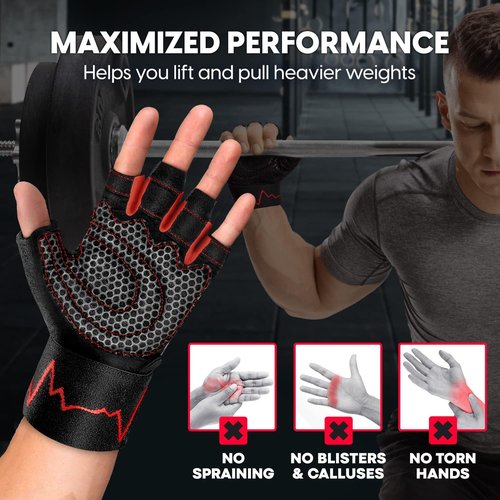MhIL Workout Gloves for Men - Enhanced Grip Gym Gloves with Wrist Wraps for Optimal Performance