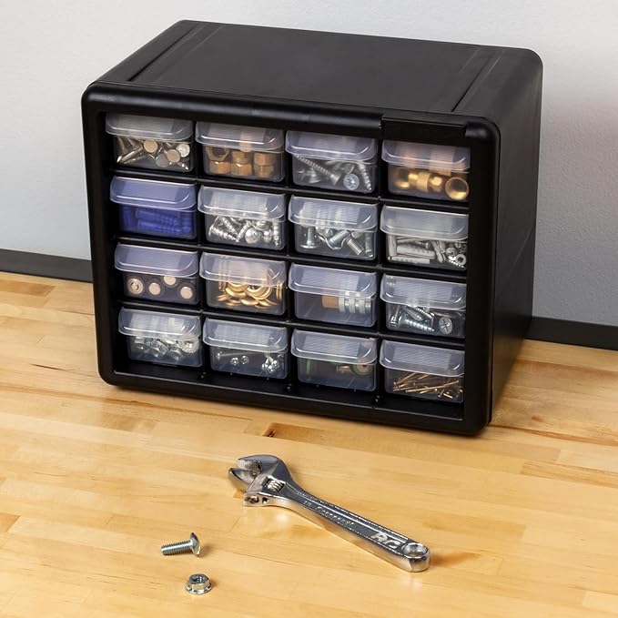 Akro-Mils 16-Drawer Plastic Drawer Storage Cabinet for Garage Organization, Beads, Makeup Organizer, Building Bricks Storage, Teacher Toolbox, 10-1/2" W x 6-1/2" D x 8-1/2" H, 10116 Black