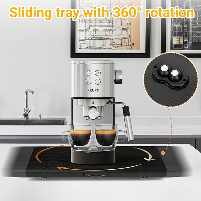 360° Rotatable Sliding Tray for Kitchen Appliances, Wooden Sliding Tray for Coffee Maker, Coffee Pot Slides for Countertop Installation, Easy to Slide (Black, Small)