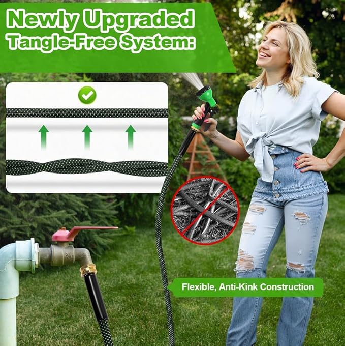 Garden Hose 50ft, Non-Expanding Flexible Hose with 10 Function Nozzle, Lightweight, Kink Free, Sturdy, Leak-Proof, Portable, Water Hose 50ft for Outdoor, Yard, Lawn, Car Wash and Camper Use