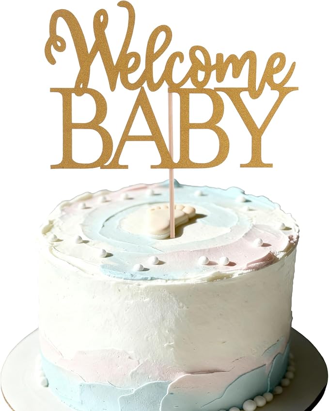 Gold Welcome Baby Cake Topper - Golden Glitter Baby Shower Cake Topper, Gender Reveal Celebration Party Cake Decoration