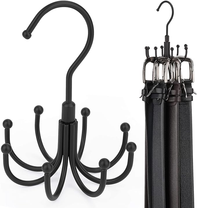 ZEDODIER 4 Pack Belt Organizer for Closet, Heavy-Duty Rotating Belt Hanger Rack Holds Multiple Belts, Hanging Space Saving Metal Belt Holder for Closet Storage, Black