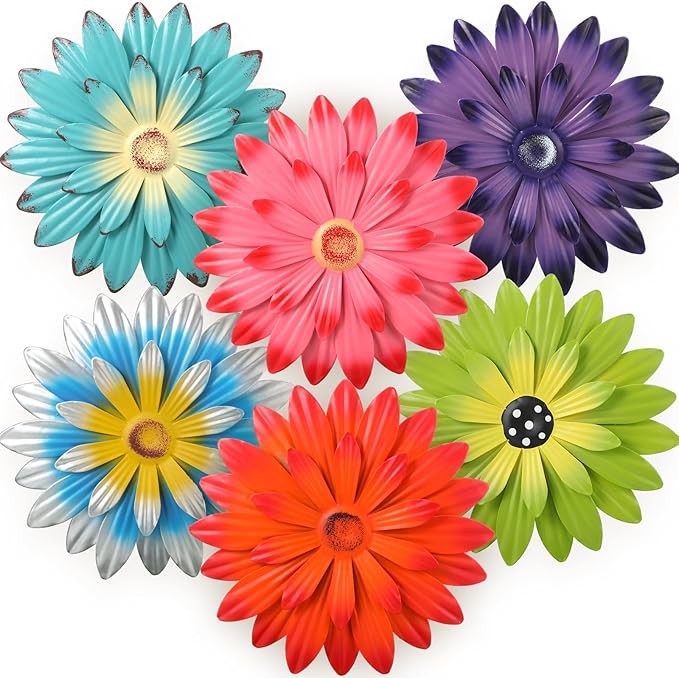 Zhehao 6 Pcs Metal Flower Wall Art Decor 8 Inch Sunflower Wall Decorations Hanging Outdoor Art Multicolored Handmade Metal Flowers Outdoor Decor(Vivid Color)