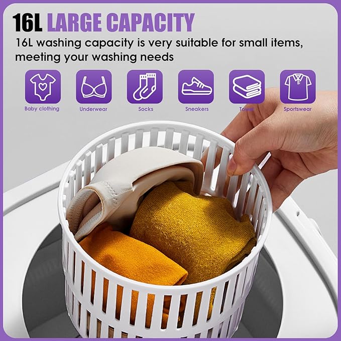 Portable Washing Machine 16L Mini Laundry Washer 3 Modes with Spin Basket Laundry Machine Cleaning Depth Underwear,Baby Clothes Small Shirt for Apartments Dormitories Hotels and Camping