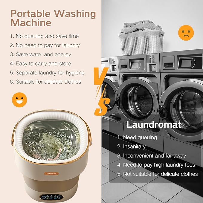 Portable Washing Machine, 15L Mini Collapsible Washer with 3 Cleaning Modes for Baby Clothes, Underwear, Small Foldable Laundry for Travel Apartment Home Dorm Hotel Camping (White+Khaki)