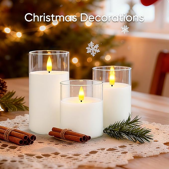 5plots Flameless Battery Operated Candles Set of 3, White LED Candles with Remote Timer, Real Wax Glass Pillar Candles Warm Flickering Light for Indoor Home, Halloween, Christmas Decor D3 x H4 5" 6"