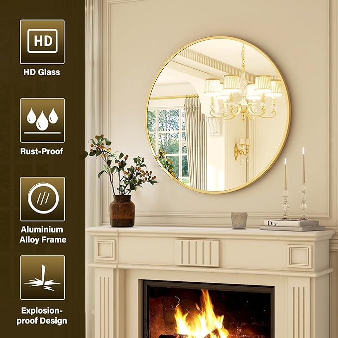 18 Inch Round Gold Metal Wall Mirror - Stylish Circle Mirror for Entryway, Bathroom, and Living Room Decor | Matte Gold Circle Wall Mirror