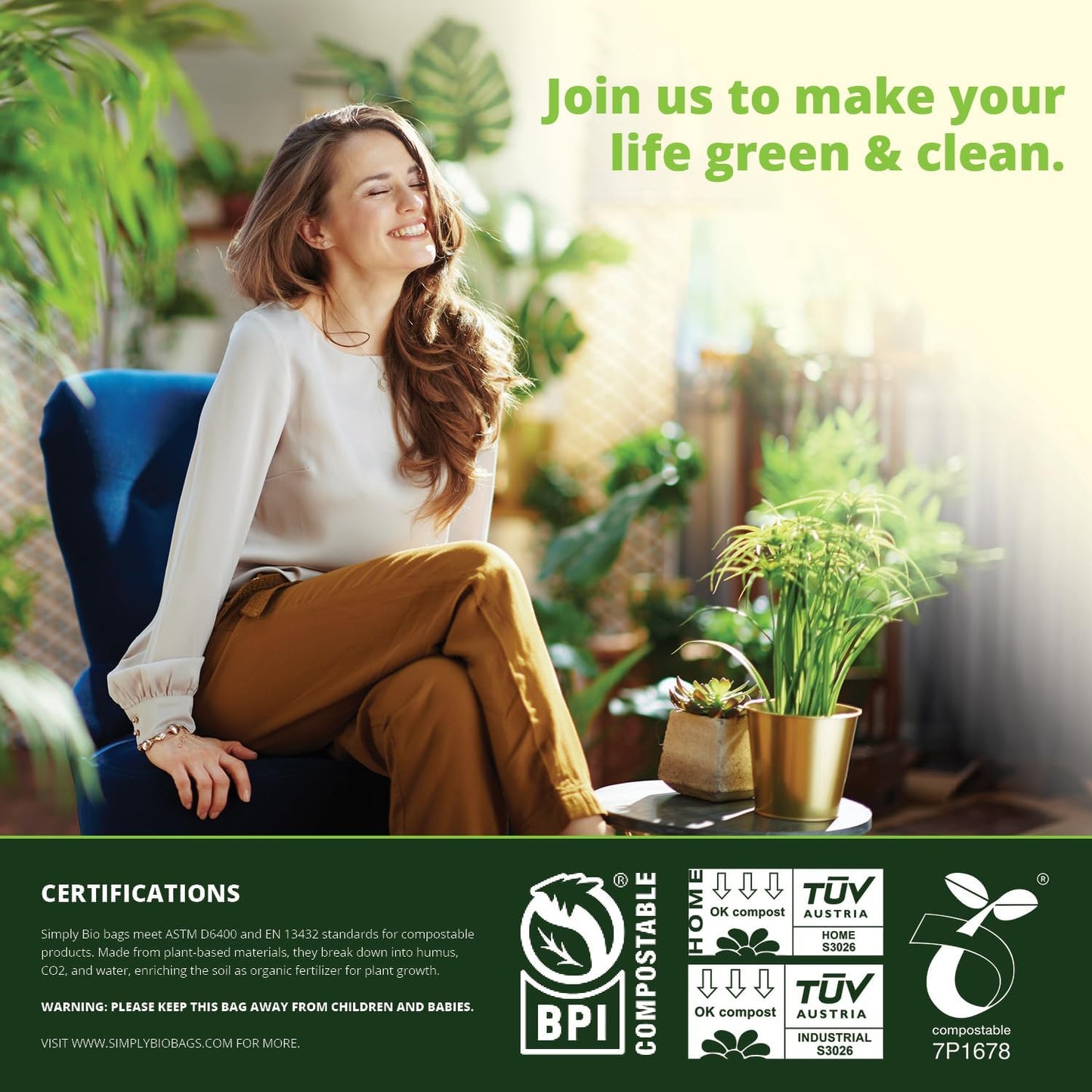 Simply Bio 50-55 Gallon Compostable Trash Bags Liners Flat-Top, Heavy Duty Extra Thick 2 Mil, 208.2 Liter, 12 Bags, Lawn, Yard, and Restaurant Use, ASTM D6400, US BPI, OK Compost Home Certified
