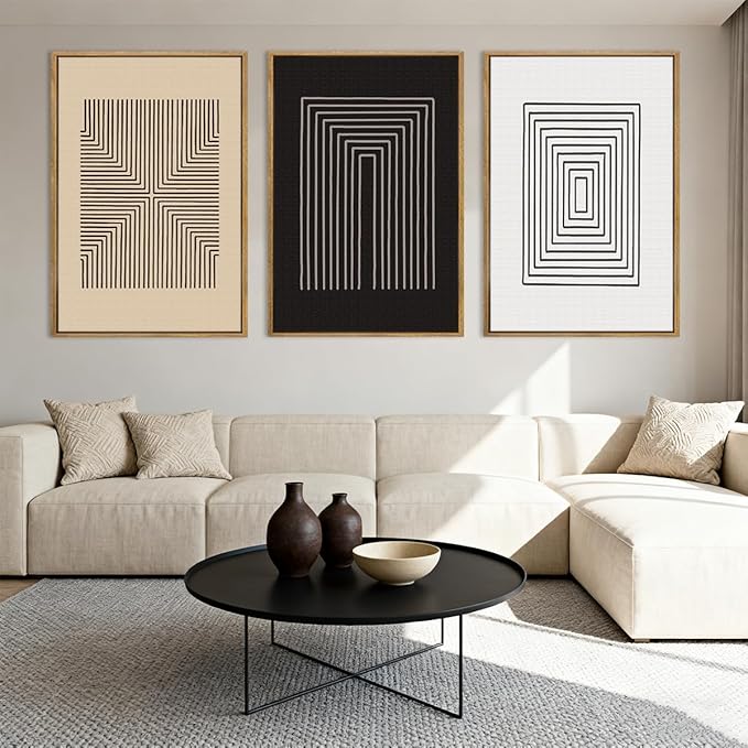 Anyzal Extra Large Abstract Black Framed Wall Art 24x36 Inch Boho Modern Canvas Wall Decor Brown White Minimalist Art prints for Living Room Bedroom Office Set of 3