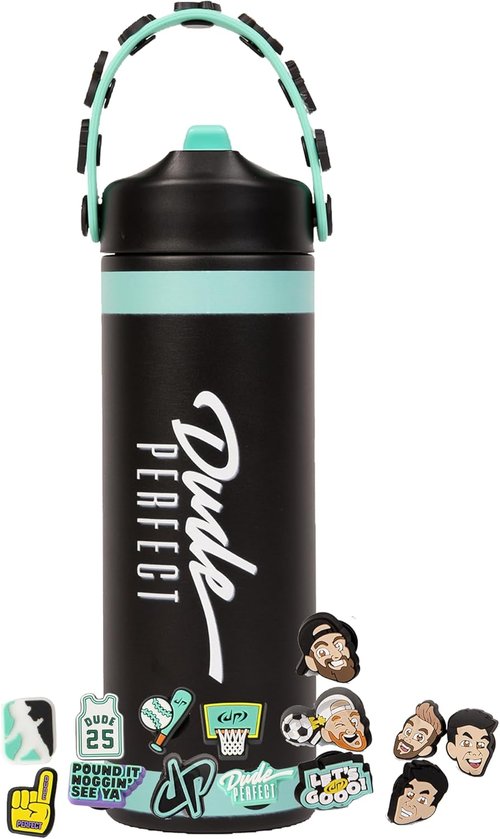 Dude Perfect Water Bottle - Stainless Steel Double Wall Insulation | Leak-Proof Flex Straw Lid | 24 oz Black