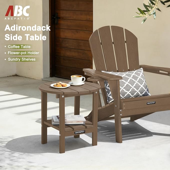 Outdoor Side Table Round - Patio Side Tables - HDPE Small Outdoor End Table for Backyard Pool Porch Balcony - Double Layer Storage - Light Brown (Wood Grain Finish)