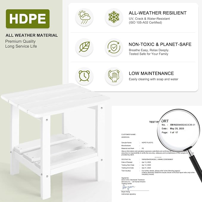 Adirondack Outdoor Side Table, 2-Tier Small Patio End Table, Weather Resistant HDPE Outdoor End Tables for Garden, Lawn, Pool, Beach, Porch, Deck, Backyard - Square, White