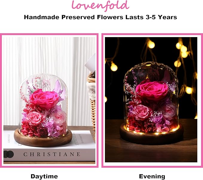 Flowers for Delivery Prime Preserved Flowers with LED Light in a Glass Dome,Long Lasting Real Roses Birthday Gifts for Women Daughter Mom Wife Friend（Reddish Rose）