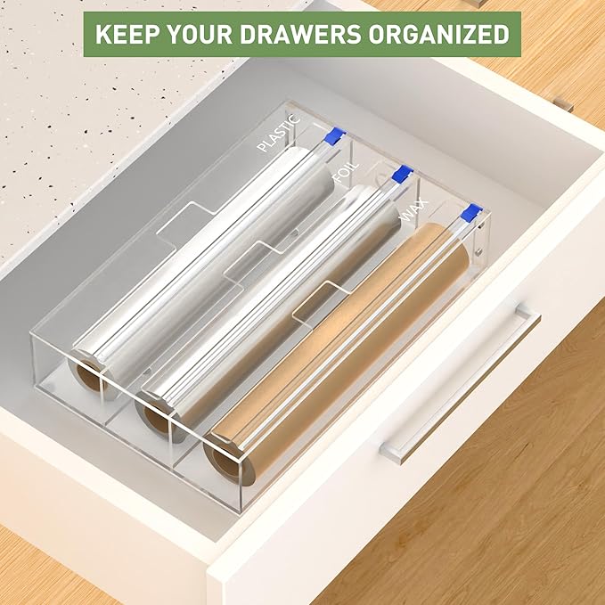 Kitchen Wrap Organizer, Foil and Plastic Wrap Organizer 3 in 1 with Sliding Cutter, Acrylic Wrap Dispenser for Drawer or Wall Mount, Fits 12 Inch Rolls