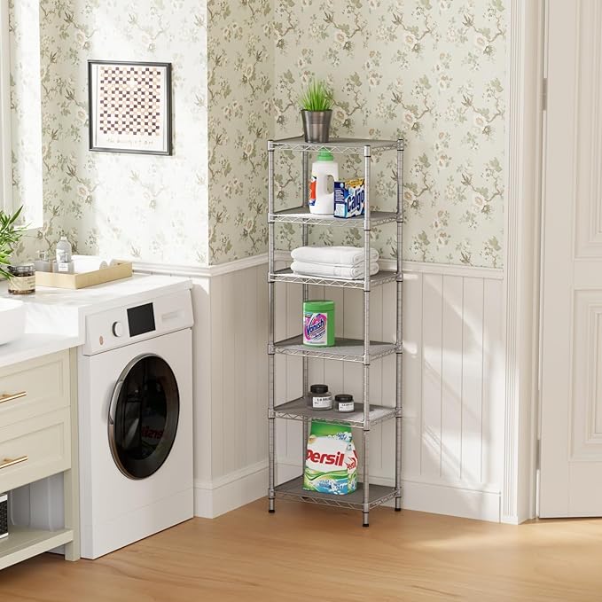SINGAYE 6 Tier Shelf Wire Shelving Adjustable Storage Shelves Rack Standing Units for Kitchen Closet Laundry Bathroom Organizers Metal Pantry Narrow Mesh Gaps 10" D x 16" W x 60" H Gray
