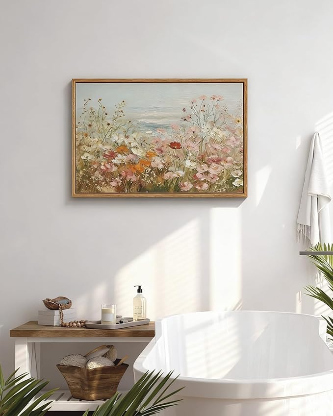 InSimSea Framed Canvas Art Hand-Painted Vintage Wildflower Art,16x24inch, Textured Floral Landscape Paintings Artwork Wall Decor for Living Dining Room Hallway, Coastal Beach Nature Picture