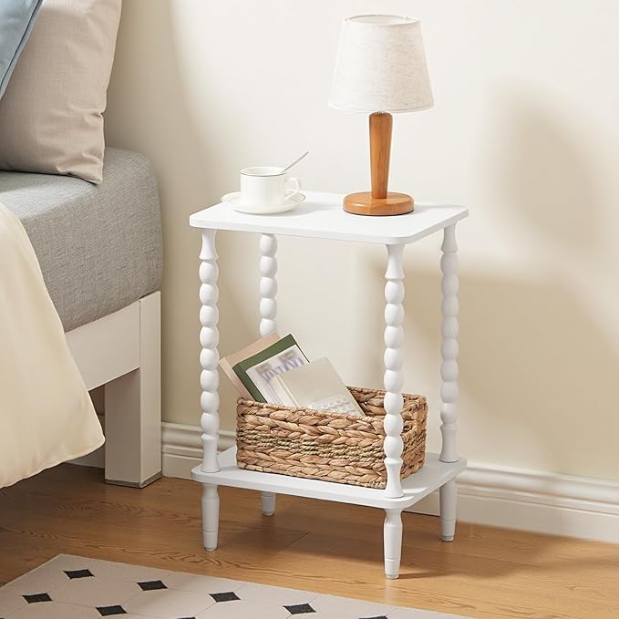 HOOBRO End Table, 2-Tier Small Side Table with Spindle Legs, Nightstand with Storage Shelves, Sofa Side Table, for Small Space, Living Room, Bedroom, White WT189BZ01