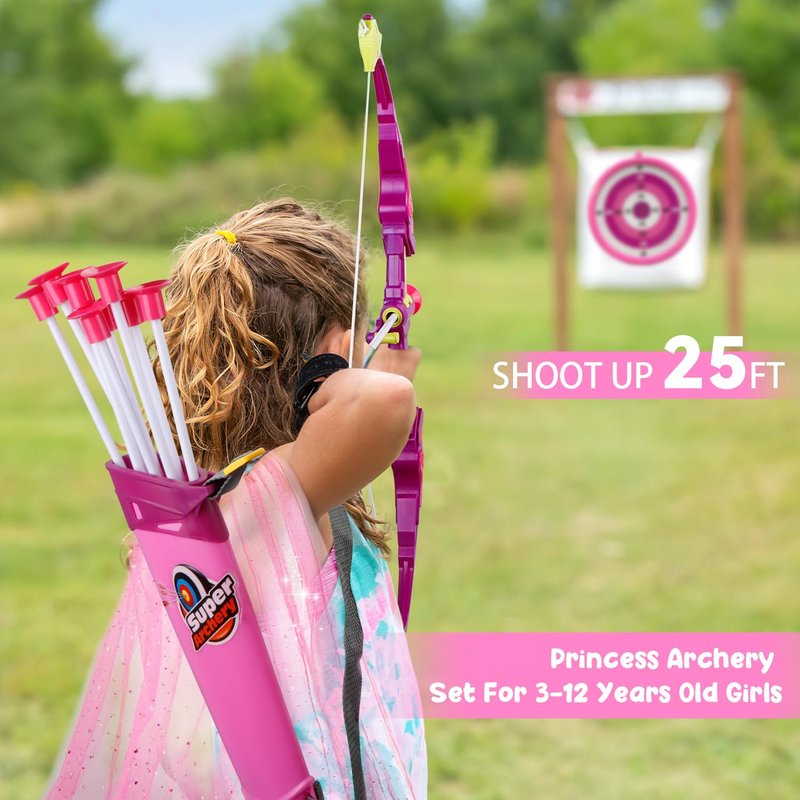 Bow and Arrow for Kids, LED Light Up Archery Set with Princess Cape and Crown, 10 Suction Cup Arrows, Target & Quivers, Outdoor Toy for Girls Aged 3-8, Birthday Gifts Toys for 4 5 6 7 8 Year Old