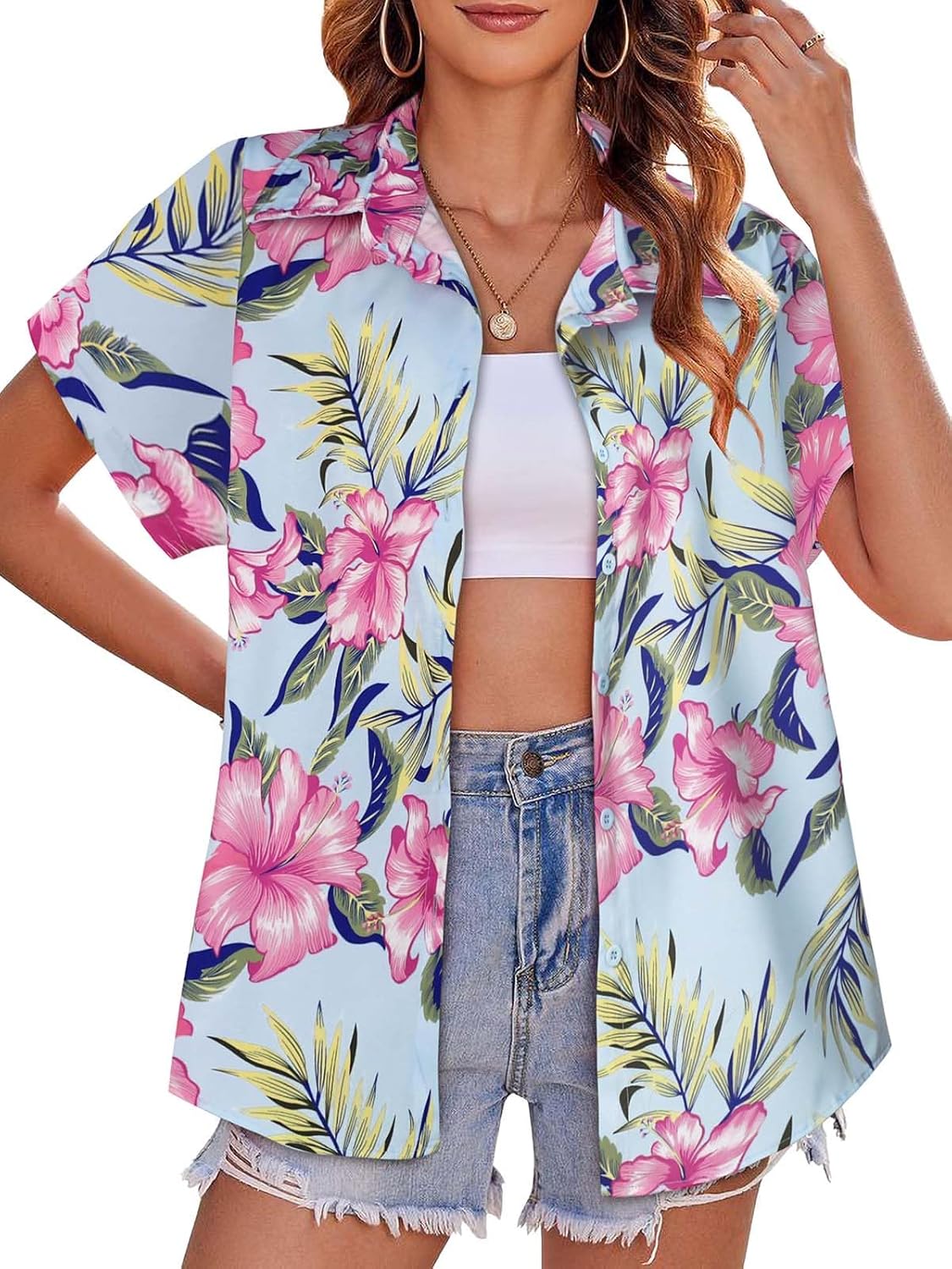 Skiennix Women’s Hawaiian Shirt - Cool Summer Button Down Blouse | Short Sleeve V-Neck Top