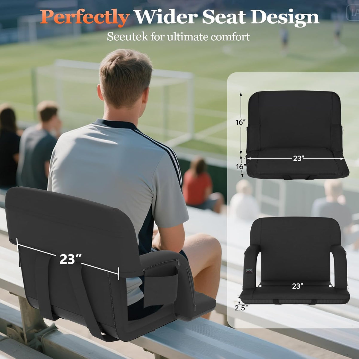Seeutek Heated Stadium Seats - Comfortable Bleacher Chair with Back Support & USB Heating | 23-Inch, 5 Pockets