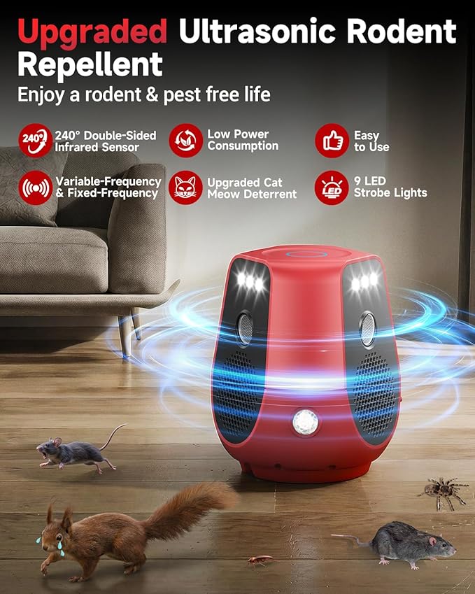 Mouse Repellent Ultrasonic Plug in, 360° Ultrasonic Rodent Repellent with PIR Sensor & LED Strobe Light, 3 Modes Mice Repellent for Indoor, Electronic Pest Control Devices for Spider, Cockroach, Ant