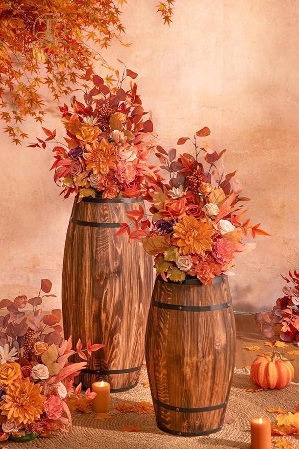 TINGE TIME Free-Standing Artificial Flower Set of 2, Table Centerpiece with Rubber Pad, Silk Fake Flower for Fall Wedding Centerpiece Archway Aisle Welcome Entrance (Maple Red)
