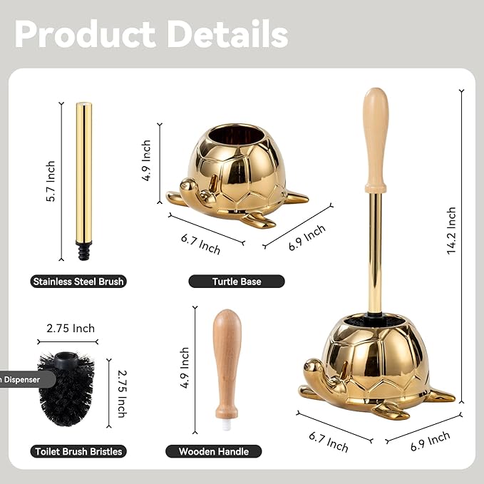 Turtle Base Toilet Brush Set - Gold Ceramic Toilet Scrubber Brush 7.5” Bowl Cleaner with Ergonomic Handle, Mini Cute Bathroom Cleaning Brush - Bathroom Decor