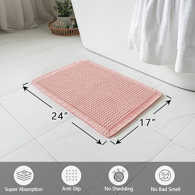 MIULEE Set of 2 Waffle Bathroom Rugs, Boho Bath Rugs Non Slip Washable, Super Absorbent Bath Mats, Ultra Soft Rubber Backed Shower Mats for Bathroom Floor, Tub and Shower, Pink, 17x24 Inch