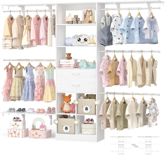 Closet System - 4.75-8FT Closet Organizer System with Wooden Drawers & Cube Storage Organizer, Up To 96" Closet Systems for Nursery & Walk-In Closets with Cuttable Hanging Shelving, White