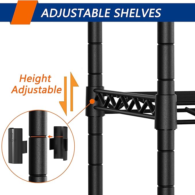 5-Shelf Adjustable Heavy Duty Storage Shelving Unit on 4 Wheel Casters, Metal Organizer Wire Rack for Laundry Bathroom Kitchen Pantry Closet, Black