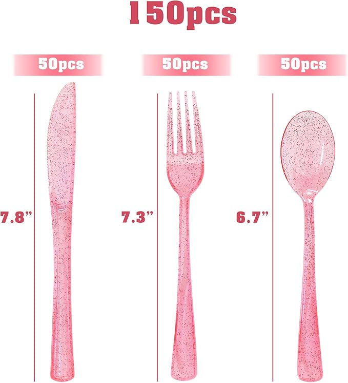 150 Pcs Pink Silverware Set Heavy Duty Pink Plastic Silverware - 50 Forks, 50 Knives, 50 Spoons for Brithday, Wedding, Baby Shower, Bridal Shower