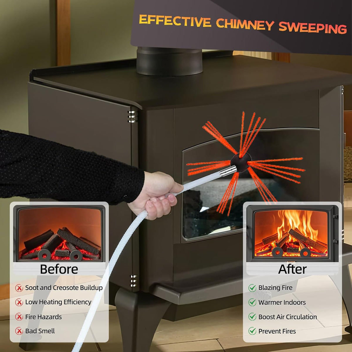 23 Feet Chimney Sweep Kit, Chimney Cleaning Kit with 7 Flexible White Chimney Rods, Chimney Brush, Rotary Chimney Cleaning System Driven by Drill