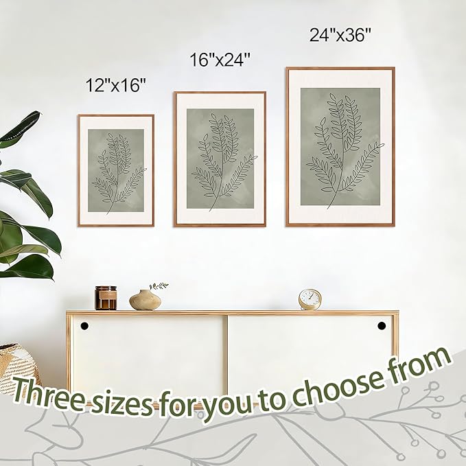 CHDITB Sage Green Framed Canvas Wall Art, Neutral Botanical Line Wall Decor, Olive Tone Plant Poster, Modern Farmhouse Floral Decor, Boho Minimalist Nature Prints for Bedroom Office Decor 16"x24"X3