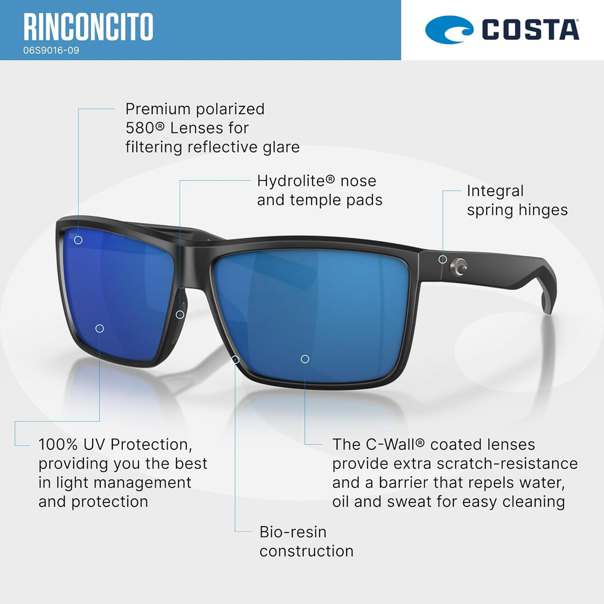 Costa Del Mar Rectangular Sunglasses - Stylish Men's Rinconcito Design for Ultimate UV Protection
