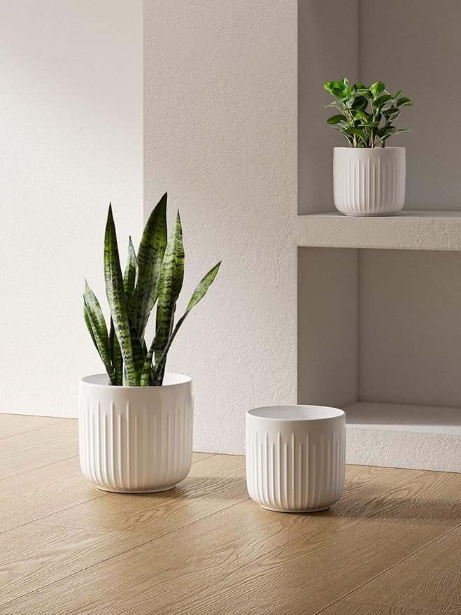 LE TAUCI Ceramic Planters, 8.3/7/6 Inch Indoor Pots for Plants with Drainage Holes & Mesh, Modern Matte Glaze Cylinder Fluted Plant Pot for Snake Plant, Set of 3, White