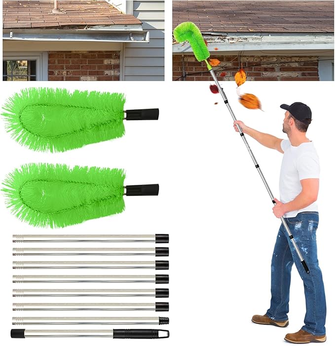Gutter Cleaning Brush Extendable Guard Cleaner Tool with 8 Pcs Telescoping Handle Extension Pole 10ft, Gutter Cleaning Tools from The Ground for Easy Removing Leaves Debris Window Cleaner (Green)