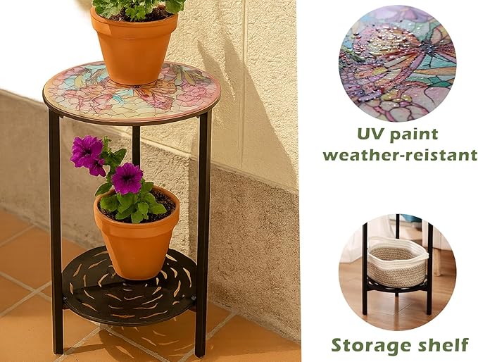 2 Packs Two-Tier Metal Round Side Table Set of Two Black Accent Coffee Tables Small Space Corner Plant Stand Shelf for Indoor Outdoor Use Patio Balcony End Table Weather-Resistant