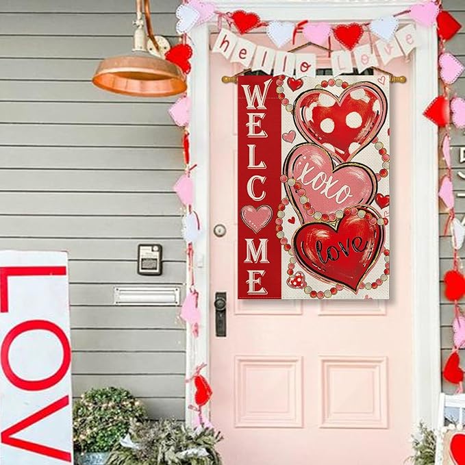 AVOIN colorlife Love Hearts Valentines Day House Flag 28x40 Inch Double Sided Outside, XOXO Welcome Anniversary Yard Outdoor Flag