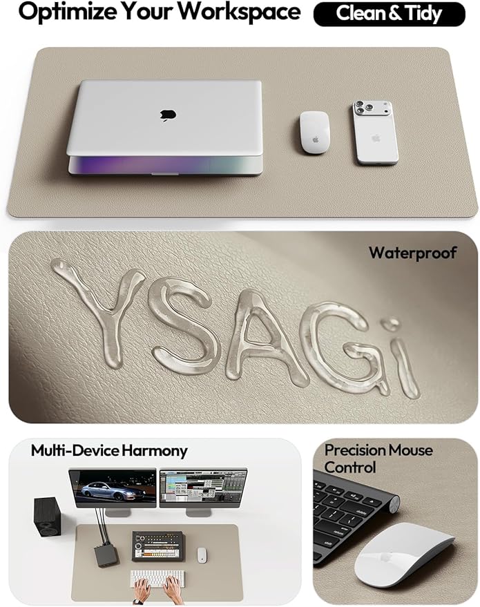 YSAGi Leather Desk Pad Protector, Office Desk Mat, Large Mouse Pad, Non-Slip PU Leather Desk Blotter, Laptop Desk Pad, Waterproof Desk Writing Pad for Office and Home (Olive Beige, 35.4" x 17")