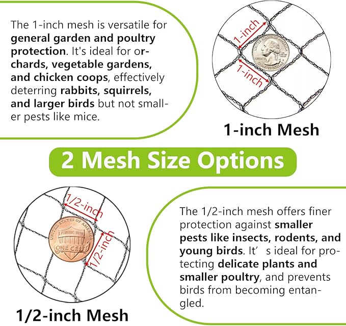 10x50ft Bird Netting, 1/2 inch Mesh, Heavy Duty Garden Netting for Fruit Trees, Blueberry Bushes, Vegetables, Extra Strong Woven Mesh Against Birds, Deer, Squirrels, Poultry and Other Animals