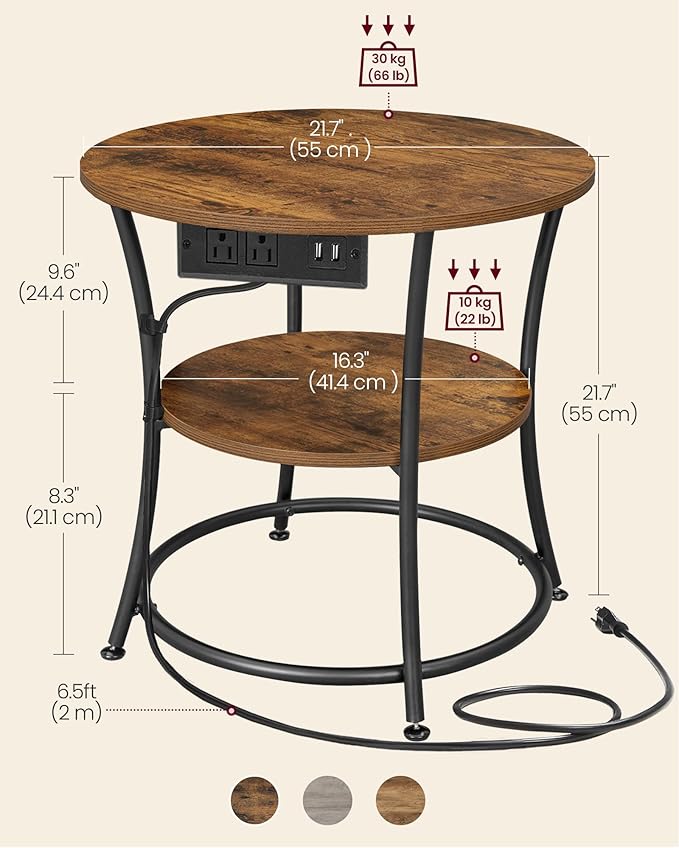 VASAGLE 21.7-Inch Round Side Table, 2-Tier End Table with Power Outlets, Nightstand with Steel Frame, Spacious Top, for Small Spaces, Living Room, Bedroom, Rustic Brown and Ink Black ULET077K01